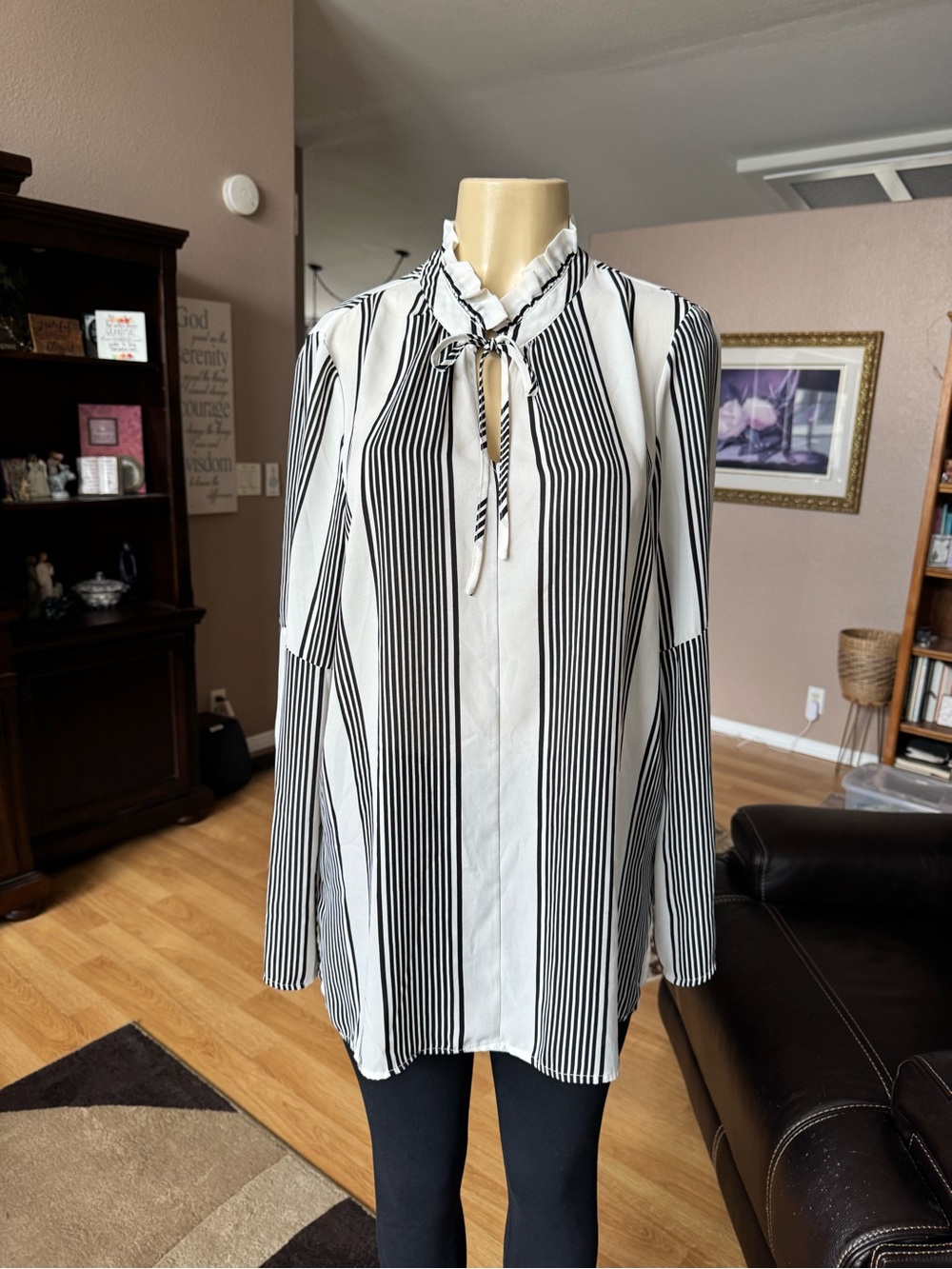 Fever black & white vertical stripes ruffle neck tunic- size L